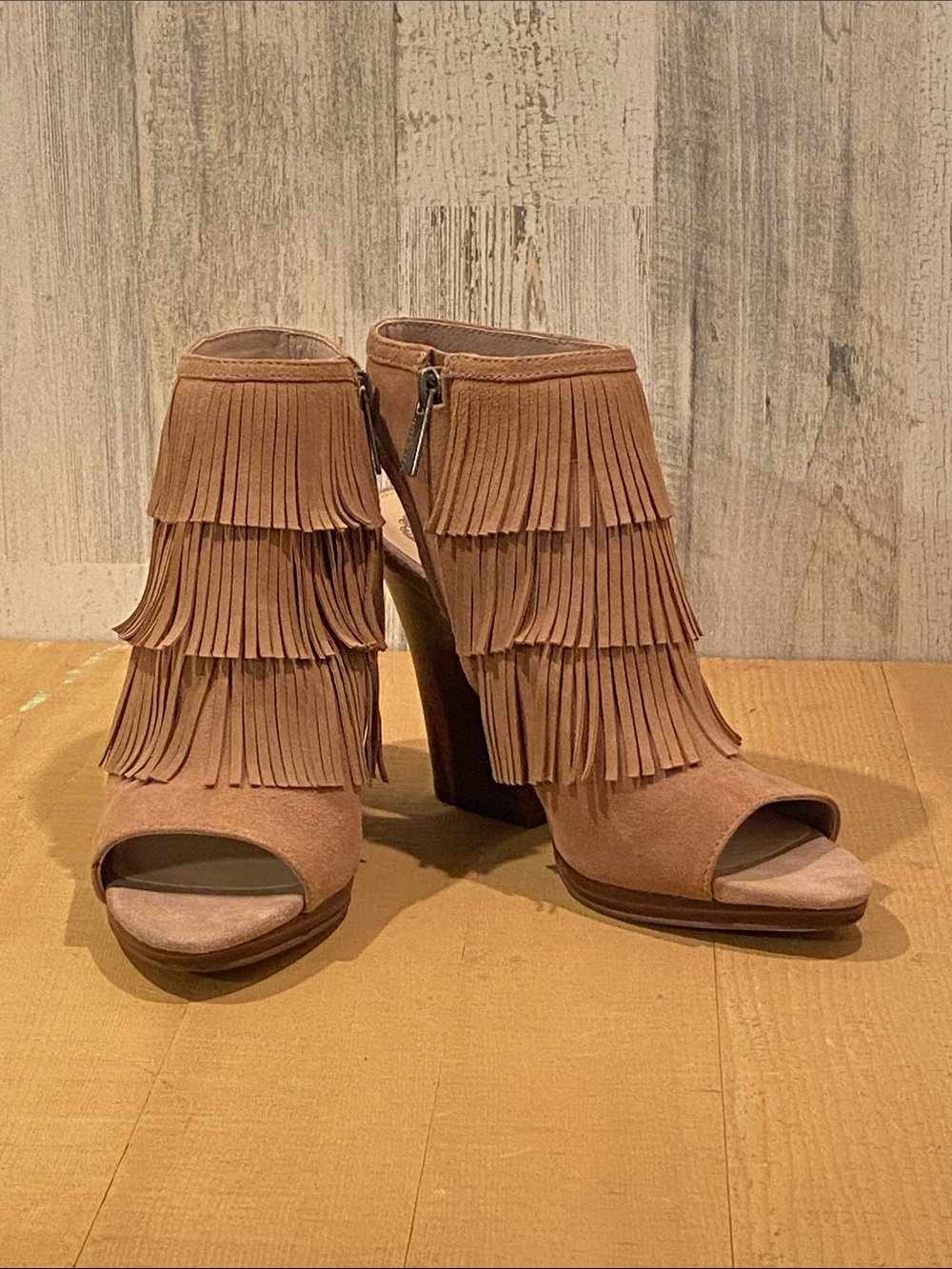 Vince Camuto Tan Suede Fringe Open-Toe Block Heels